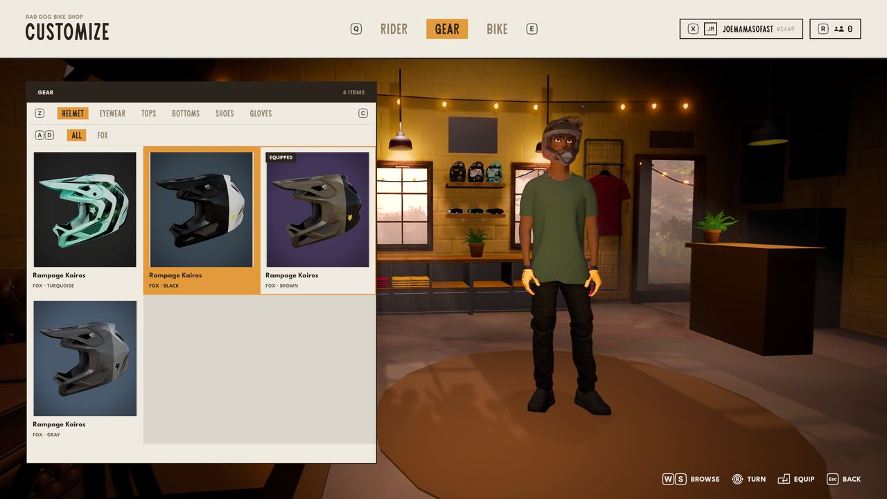 Cranked screenshot: Picking riding gear