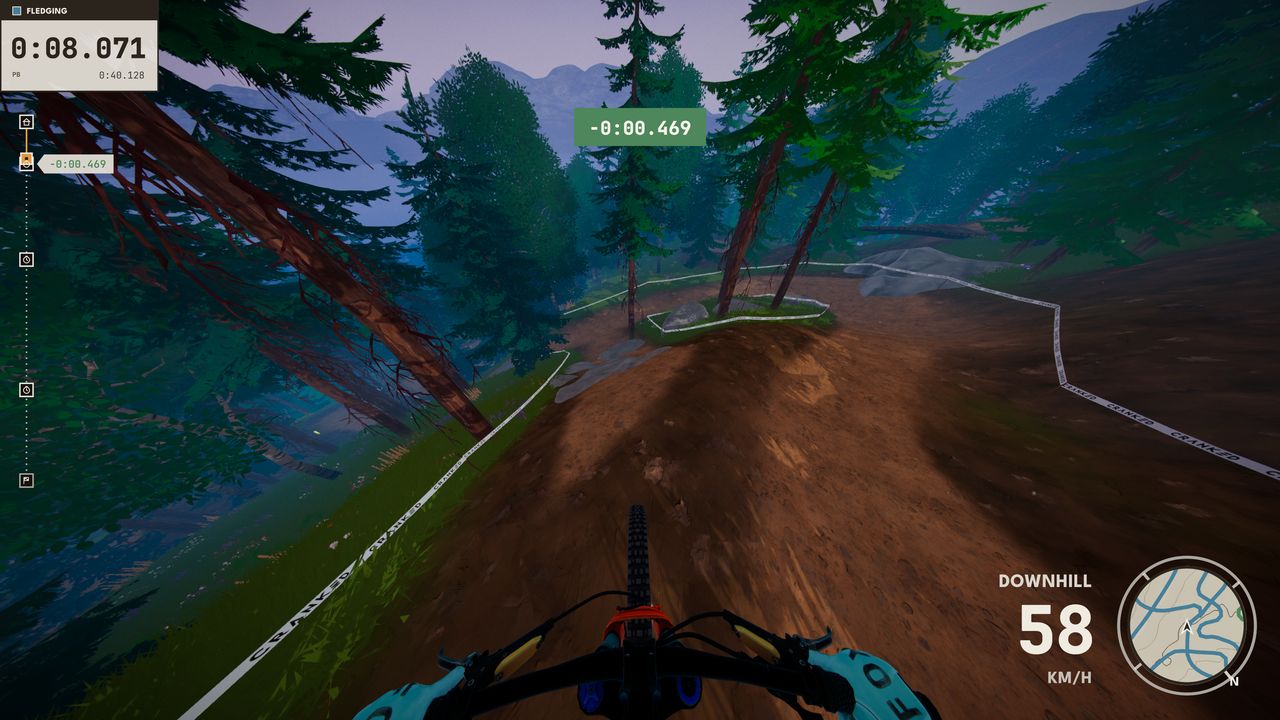 Racing a downhill trail from the rider's view in Cranked