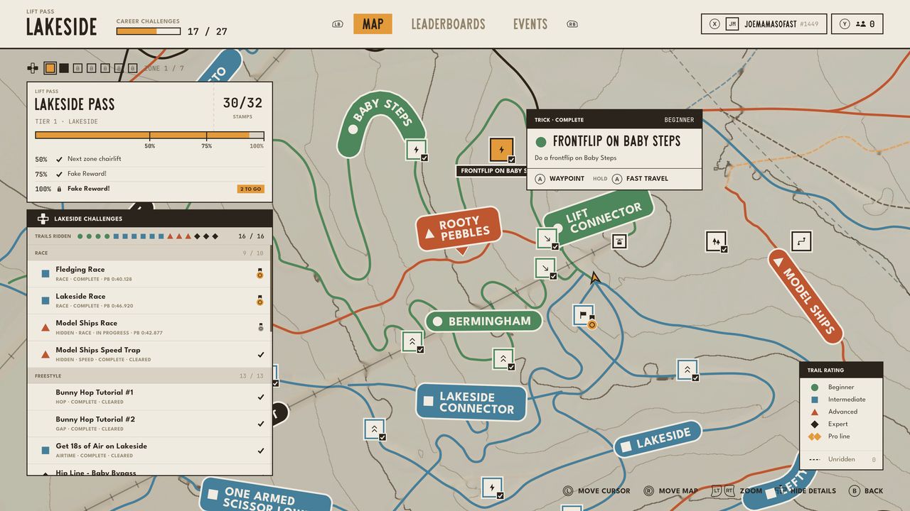 Cranked screenshot: Trail map and challenges